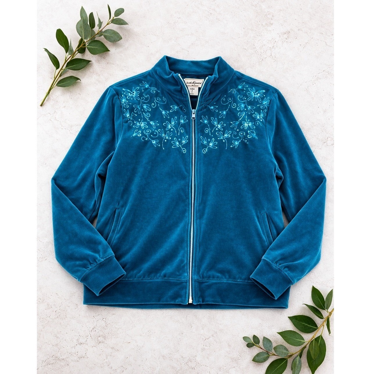 Anthony Richards Velour Jacket Womens Xl Teal Blue Floral Embroidered Zip Up